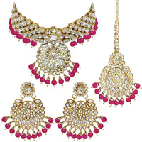 Peora Indian Traditional 18K Gold Plated Kundan Brass Alloy Bead Choker Necklace with Earring Mangtikka Jewellery Set for Women & Girls