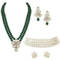 Peora Gold Plated Pearl Beaded White Choker & Green Necklace Combo set with Stud & Drop Earrings for Women Girls Traditional Jewellery Set