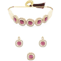 ZAVERI PEARLS Purple Multistrand Beaded Ethnic Choker Necklace Earring & Ring Set For Women-ZPFK16496