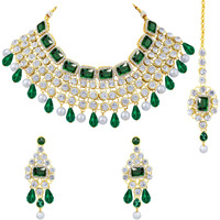 Peora Crystal Choker Necklace with Maang Tikka Earrings Indian Traditional Bridal Wedding Jewellery Set for Women Girls