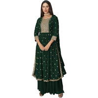 Xomantic Fashion Women's Ethnic Wear Nyra Cut Embroidery Kurti Plazzo and Dupatta (Large, Green)