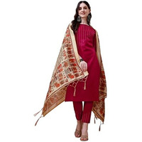 EthnicJunction Women's Solid Thread Work Cotton Kurta Pant with Digital Print Dupatta set