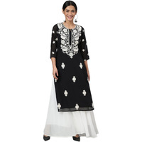 RATAN Women's Georgette Straight Lucknowi Chikankari Ethinic Wear Kurta (LKN-Black-Small)