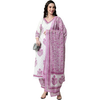 Arayna Women's Cotton Printed Floral Straight Kurta with Palazzo Pants and Printed Dupatta, Pink, Large