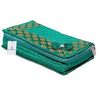 Kuber Industries Cotton Quilted Jewellery Box|Designer Case With Zipper Closure|2 Large & 4 Small Pockets|Size 25 x 15 x 7 Cm, Pack of 1(Green)