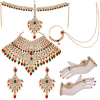 Lucky Jewellery Wedding Designer Red Green Color Gold Plated Dulhan Choker Bridal Set for Girls & Women (2475-L1ZS-KD124-RED-G)