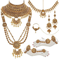 Lucky Jewellery Ethnic Copper Finish Bridal Alloy Gold Plated Golden Color Pearl Dulhan Shadi Jewellery Set for Girls & Women (3630-G2ZR-175-LCT)