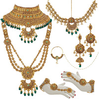 Lucky Jewellery Ethnic Copper Finish Bridal Alloy Gold Plated Green Color Pearl Dulhan Shadi Jewellery Set for Girls & Women (3630-G2ZR-175-LCT-G)