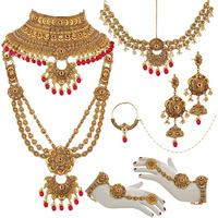 Lucky Jewellery Ethnic Copper Finish Bridal Alloy Gold Plated Magenta Color Pearl Dulhan Shadi Jewellery Set for Girls & Women (3630-G2ZR-175-LCT-R)