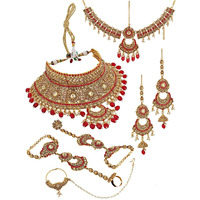 Lucky Jewellery Ethnic Copper Finish Bridal Golden Red Color Drops Alloy Gold Plated Wedding Dulhan Shadi Jewellery Set for Girls & Women (3630-G2ZR-190SM-LCT-RED)