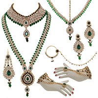 Lucky Jewellery Bridal Dulhan Designer 18k Gold Plated Green Color Pearl Stone Set 9 pcs. for Women & Girls (3630-IZS-1611-G)