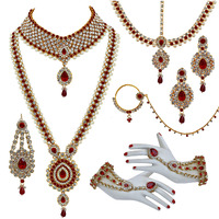 Lucky Jewellery Bridal Dulhan Designer 18k Gold Plated Red Color Pearl Stone Set 9 pcs. for Women & Girls (3630-IZS-1611-RED)