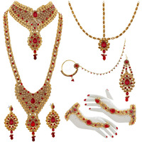 Lucky Jewellery LCT Gold Red Color Alloy Kundan & Cz Stone Bridal Jewellery Set for Women -9 Pcs. (3894-IZS-1002-LCT-RED)
