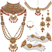 Lucky Jewellery Bridal Dulhan Golden Red Color Alloy Gold Plated Wedding Jewellery Set for Girls & Women (3960-P3ZR-242-LCT-RED)