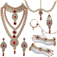 Lucky Jewellery Red Alloy Metal Kundan Bridal Jewellery Set for Women (W-RED)