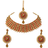 Lucky Jewellery Elegant Golden Orange Color Gold Plated Pearl and Stone Necklace Set for Girls & Women (726-ISP-816-G-LCT-O)