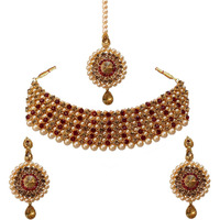 Lucky Jewellery Elegant Golden Maroon Color Gold Plated Pearl and Stone Necklace Set for Girls & Women (726-ISP-816-G-LCT-M)