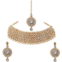 Lucky Jewellery Elegant White Color Gold Plated Pearl and Stone Necklace Set for Girls & Women (726-ISP-816-G-W)