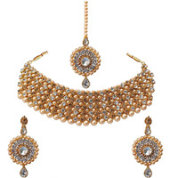 Lucky Jewellery Elegant Golden White Color Gold Plated Pearl and Stone Necklace Set for Girls & Women (726-ISP-816-G-LCT-W)