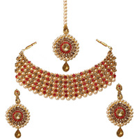 Lucky Jewellery Elegant Golden Red Color Gold Plated Pearl and Stone Necklace Set for Girls & Women (726-ISP-816-G-LCT-RED)