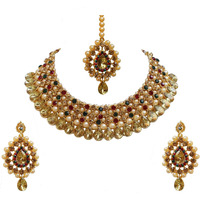 Lucky Jewellery Stunning Maroon Green Color Stone Gold Plated Necklace Set for Girls & Women (726-ISS-823-G-LCT-MG)