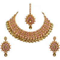 Lucky Jewellery Stunning Pink Color Stone Gold Plated Necklace Set for Girls & Women (726-ISS-823-G-LCT-PK)