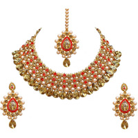 Lucky Jewellery Stunning Orange Color Stone Gold Plated Necklace Set for Girls & Women (726-ISS-823-G-LCT-O)