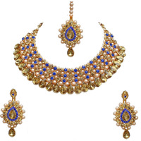 Lucky Jewellery Stunning Blue Color Stone Gold Plated Necklace Set for Girls & Women (726-ISS-823-G-LCT-B)