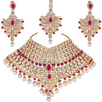 Lucky Jewellery Magenta Semi Bridal Dulhan Dulhan Wedding & Engagement Necklace Set with Mang Tikka (1815-L1SS-KD124-R)