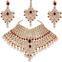 Lucky Jewellery Maroon Semi Bridal Dulhan Wedding & Engagement Necklace Set with Mang Tikka (1815-L1SS-KD124-M)