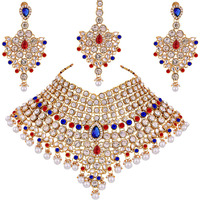 Lucky Jewellery Red Blue Semi Bridal Dulhan Dulhan Wedding & Engagement Necklace Set with Mang Tikka (1815-L1SS-KD124-RED-B)