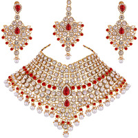 Lucky Jewellery Red Semi Bridal Dulhan Dulhan Wedding & Engagement Necklace Set with Mang Tikka (1815-L1SS-KD124-RED)