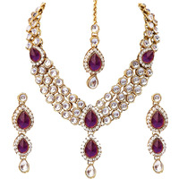 Lucky Jewellery Traditional Purple Color Gold Plated Kundan Necklace Set For Girls & Women (MSK-3-LINE-P)
