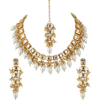 Lucky Jewellery Back Meenakari 18k Gold Plated White Color Tika Earring Combo Uncut Big Faux Kundan Choker Necklace set (660-J5SK-1664-W)