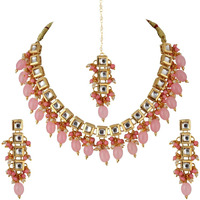 Lucky Jewellery Back Meenakari 18k Gold Plated Pink Color Square Shape Tika Earring Combo Jewellery Set Uncut Kundan Big Faux Kundan Dibbi Kundan Choker Necklace Set for Girls & Women