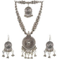 Lucky Jewellery Oxidised Boho Garba Silver Plated Jewelry Fancy Navratri Dandia Multi Strand Jewellery Double Layer Set with Matching Earring For Girls & Women (270-M5SO-983-S)