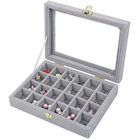 BucketList Velvet Jewelry Storage Case - 24 Compartments Earring Ring Organizer Box with Clear Glass Lid (Grey)