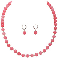Taruna Biyani Multi Color Semi Precious Gemstone 8MM Bead Size String Necklace Mala Jewellery Set with Earrings for Women Girls (Pink Jade)