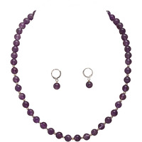 Taruna Biyani Multi Color Semi Precious Gemstone 8MM Bead Size Sring Necklace Mala Jewellery Set with Earrings for Women Girls (Amethyst)
