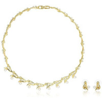 Estele Gold Plated Twisted Real Pearal & Crystal Necklace Set For Women, One Size (6525 NKER)