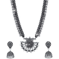 Yellow Chimes German Silver Oxidized Designer Traditional Long Pendant Necklace with Jhumka Earrings by Yellow Chimes Jewellery Set for Women (Oxidized Silver) (YCTJNS-29OXDSUN-SL)