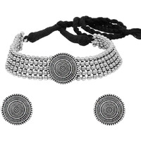Yellow Chimes Ethnic Oxidised Silver Threaded Jewelry Beads Traditional Choker Necklace Set for Women and Girls, medium (YCTJNS-49OXDCIRCL-SL)
