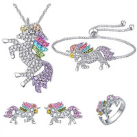 Melbees by Yellow Chimes Unicorn Jewellery Set for Girls Rainbow Crystal Unicorn Pendant Bracelet Earrings Ring Set Kids Jewellery Set for Girls.