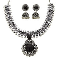 Yellow Chimes Oxidized Silver Kolhapuri Necklace Set with Jhumka Earrings Jewellery Set for Women (Oxidized Silver, Black) (YCTJNS-01CHOKR-BK)