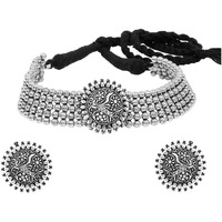 Yellow Chimes Ethnic Oxidised Silver Threaded Jewelry Beads Traditional Choker Necklace Set for Women and Girls, medium (YCTJNS-47OXDSFLW-SL)