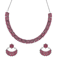 Yellow Chimes Jewellery Set for Women and Girls Traditional Silver Oxidised Jewellery Set Pink Choker Set | Studded Stones Choker Necklace Set for Women | Birthday Gift For Girls and Women Anniversary Gift for Wife