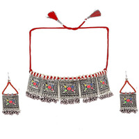 Yellow Chimes Oxidised Jewellery Set for Women Silver Oxidised Set Afghani Style Ghungroo Threads Choker Necklace Set for Women and Girls.