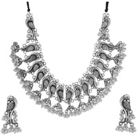Yellow Chimes Oxidised Jewellery Set for Women Silver Oxidised Jewellery Set Peacock Carved Choker Necklace Set for Women and Girls