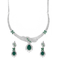 Yellow Chimes American Diamond Necklace Set For Women | Green Stone Silver Jewellery Set For Women | Diamond Necklace Set | Birthday Gift for Girls Anniversary Gift for Wife