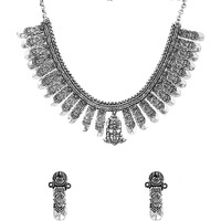 Yellow Chimes Jewellery Set for Women and Girls Traditional Silver Oxidised Jewellery Set Silver Choker Set | Threaded Choker Necklace Set for Women (Choker Necklace Set)
